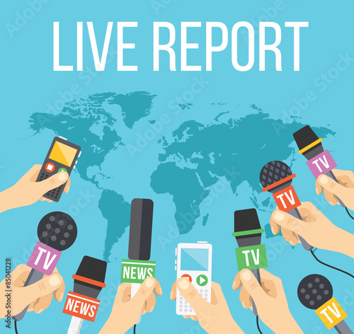 Live report concept. Many journalists hands with microphones and tape recorders