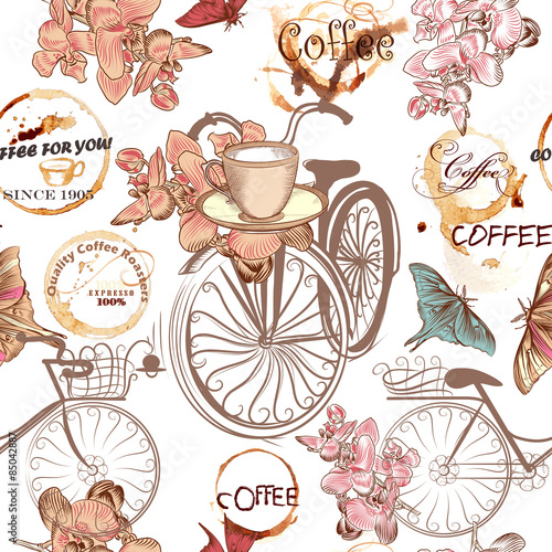 Cute vector pattern with fake bicycles and flowers
