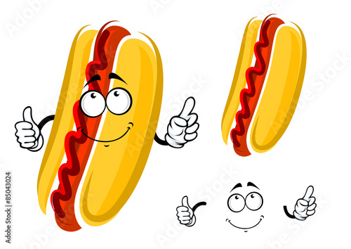 Cartoon hot dog character with ketchup