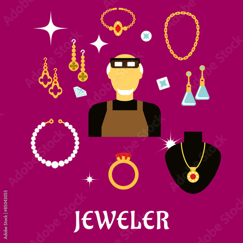 Jeweler or goldsmith with jewelries, flat style
