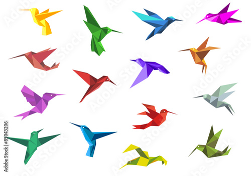 Flying origami hummingbirds or colibri birds