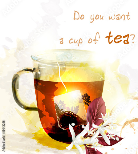 Cup of hot English tea create in watercolor style photo