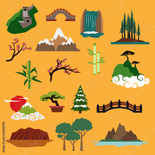 Nature landscape elements and buildings