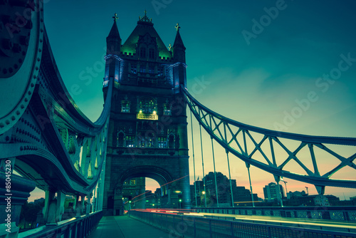 Tower Bridge in London at twilight, vintage effect