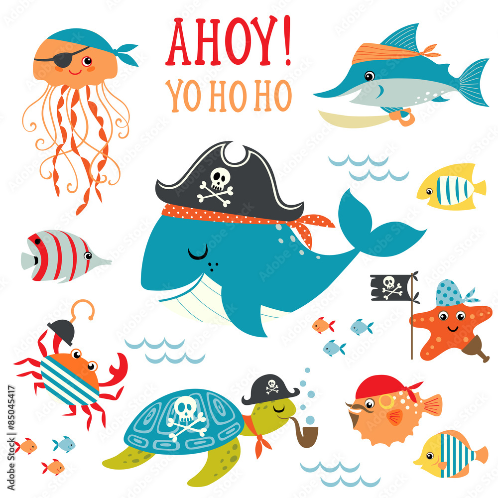 Naklejka premium Set of cute undersea pirate design elements