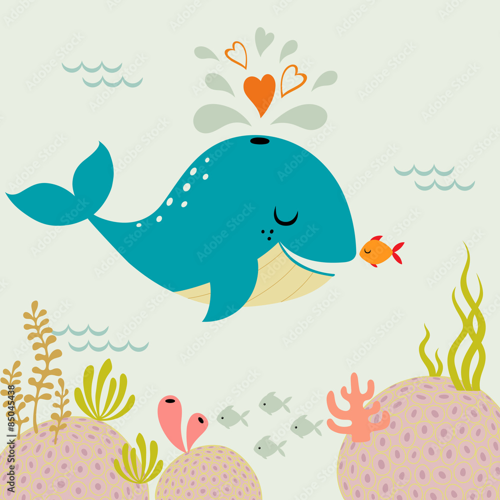 Naklejka premium Cute romance whale and little goldfish in love