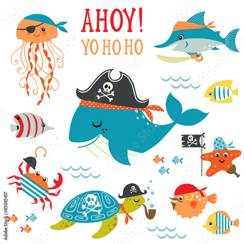 Set of cute undersea pirate design elements