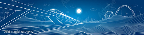 Train move, dynamic composition, mountains and night city 