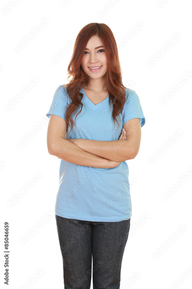 woman with arms crossed, wearing t-shirt woman with arms crossed, wearing t-shirt