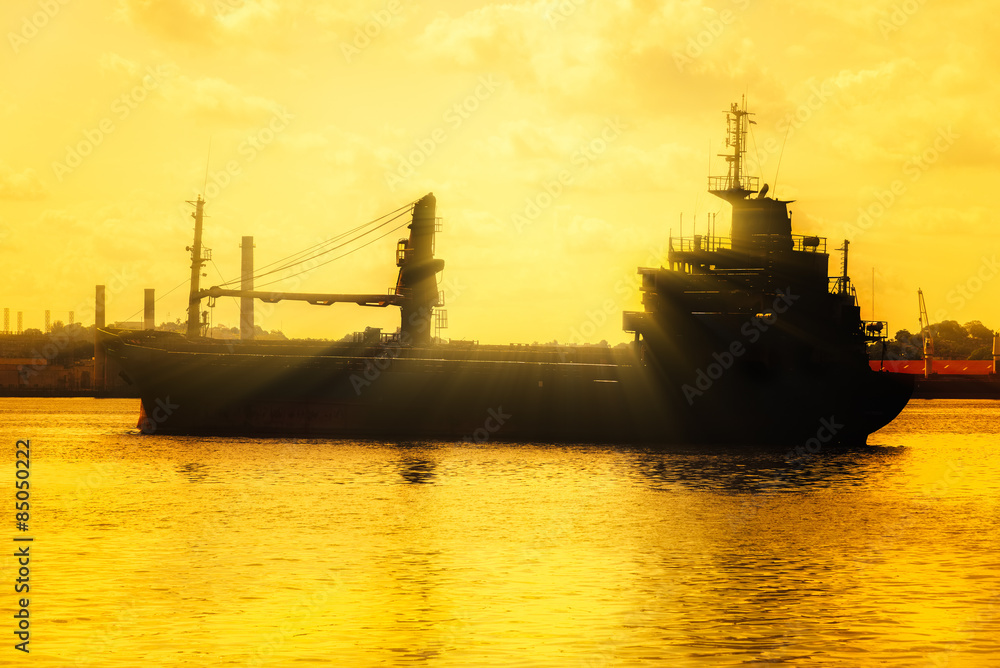Fototapeta premium Commercial cargo ship at sunset