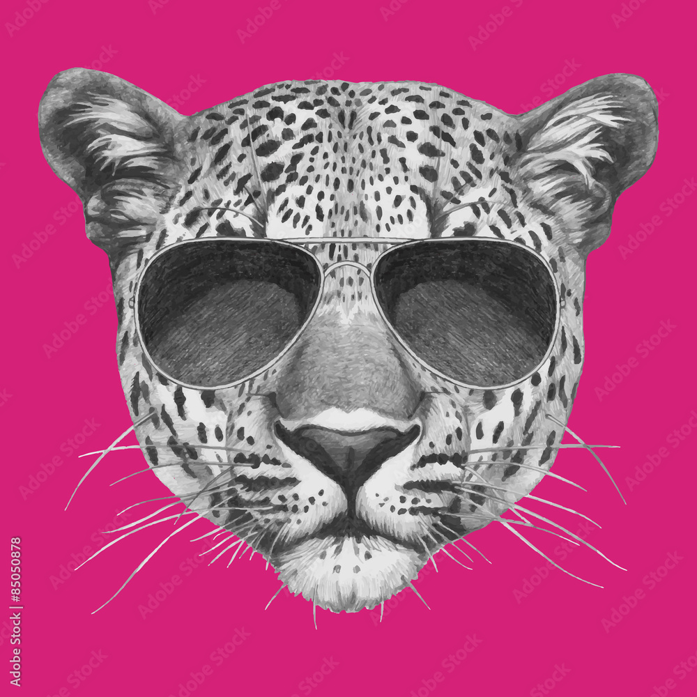 Fototapeta premium Hand drawn portrait of Leopard with sunglasses. Vector isolated elements.