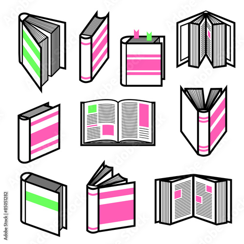 Big set of stylish black outline books in different postures with colorful pink and green elements