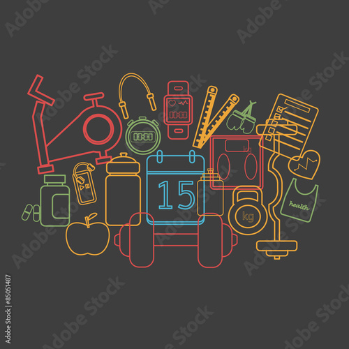 Vector of Fitness icon set line design colourful