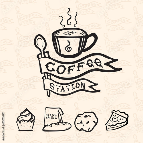 Vector coffee station logo in doodle style include bakery icon a