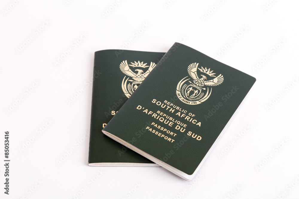 South African passports on white background