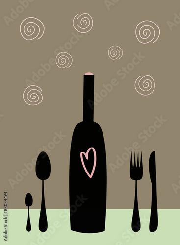 Bottiglia con cuore e posate