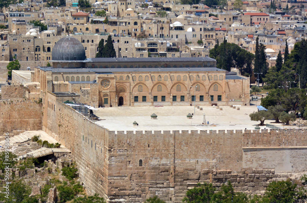 Aerial view of Al Aqsa mosque on temple mount in Jerusalem, Isra