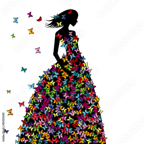 Silhouette of woman in a butterflies dress