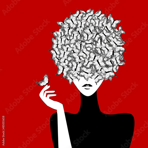 Stylized woman wiith butterflies hairstyle