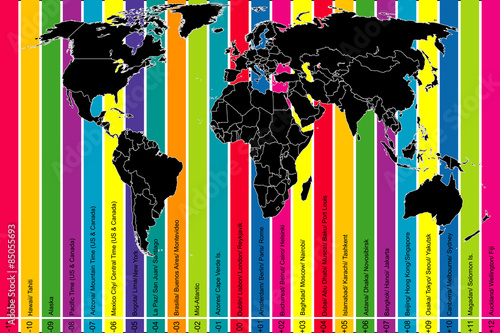 Colorful background with world map and time zones