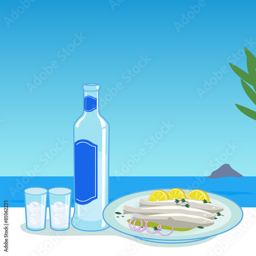 A bottle of ouzo and a dish with cooked fish in a table next to the sea. Vector illustration