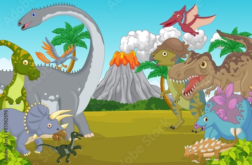 Cartoon dinosaur character with volcano