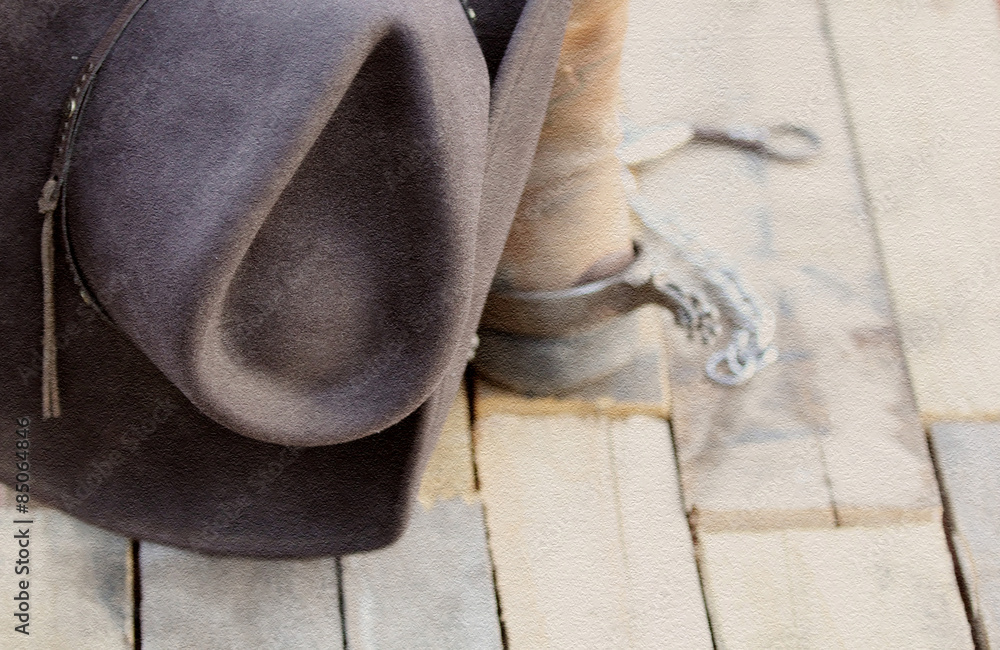 A western still life photo of a cowboy hat, boots, spurs and a bit on a weathered background. A western still life photo of a cowboy hat, boots, spurs and a bit on a weathered background.