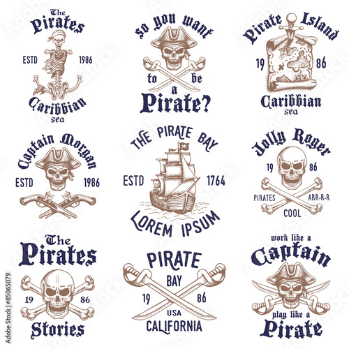 Set of vintage hand drawn pirates designed emblems, labels