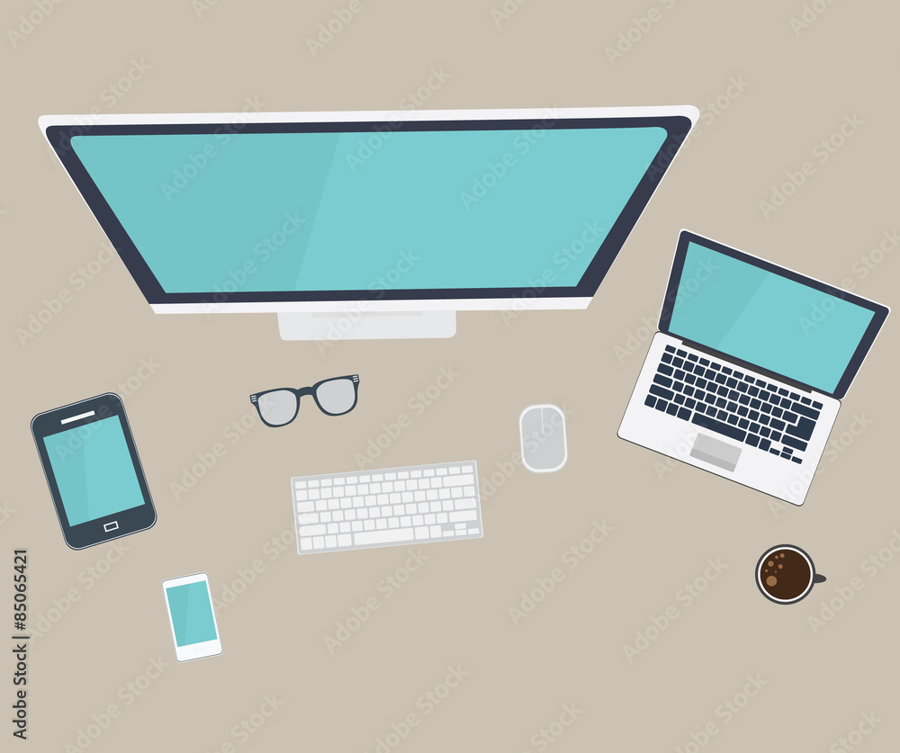Style Modern Design Concept of Creative Office Workspace. Icons Style Modern Design Concept of Creative Office Workspace. Icons