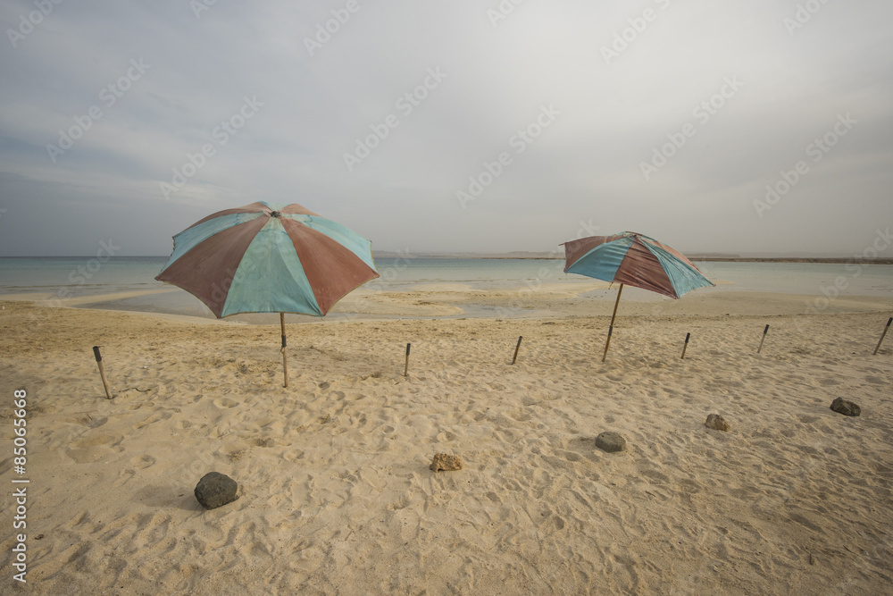 Umbrellas on a tropical beach with stormy sky