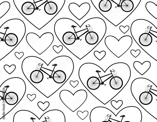 Vector seamless pattern with bikes and hearts, "I love bike"