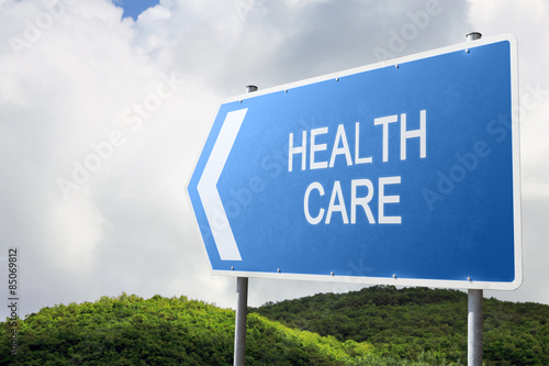 Health Care. Blue traffic sign.