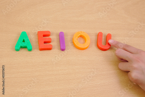 Letters a e i o u and child hand. School concept