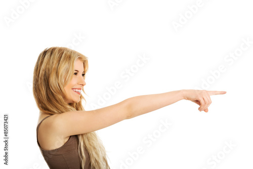 Student woman pointing on the right