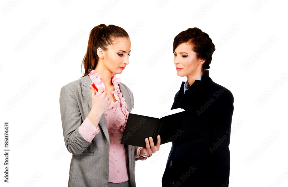 Two businesswomans discussing with eachother. Two businesswomans discussing with eachother.