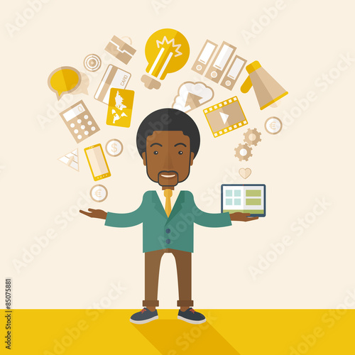 Happy Black man enjoying doing multitasking.