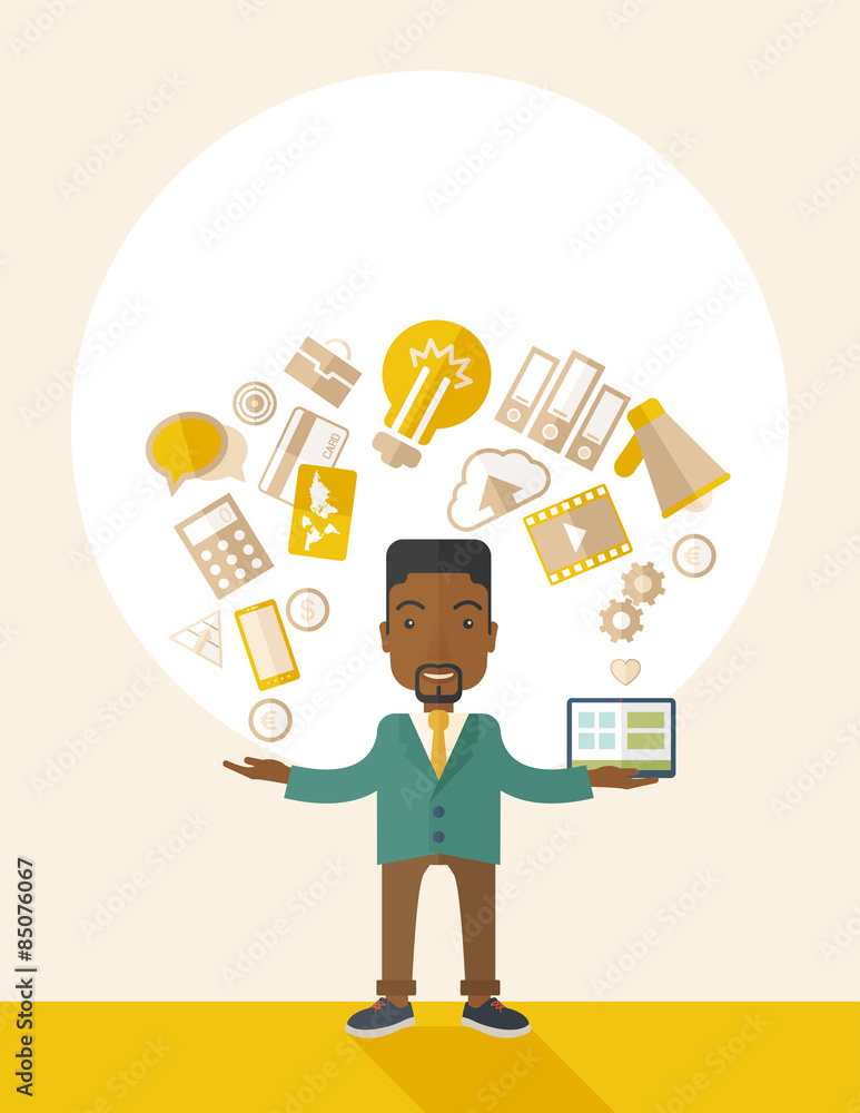 Happy Black man enjoying doing multitasking. Happy Black man enjoying doing multitasking.