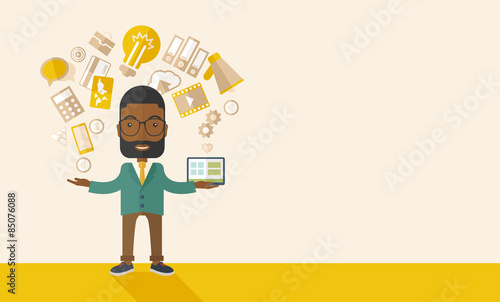 Happy Black man enjoying doing multitasking.