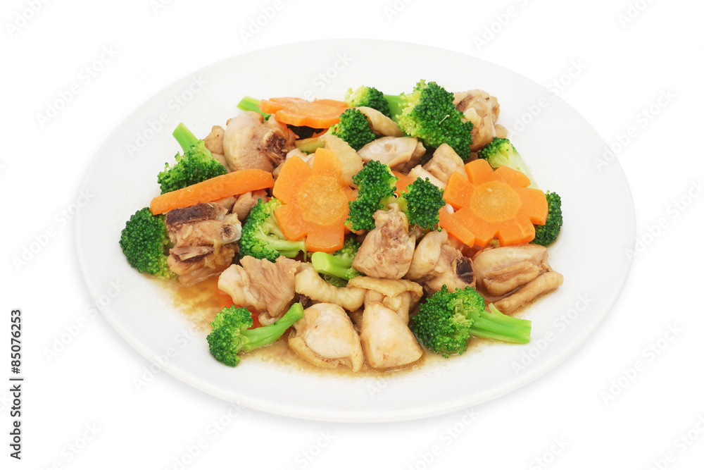 stir fried chicken with broccoli and carrot on plate isolated white background stir fried chicken with broccoli and carrot on plate isolated white background