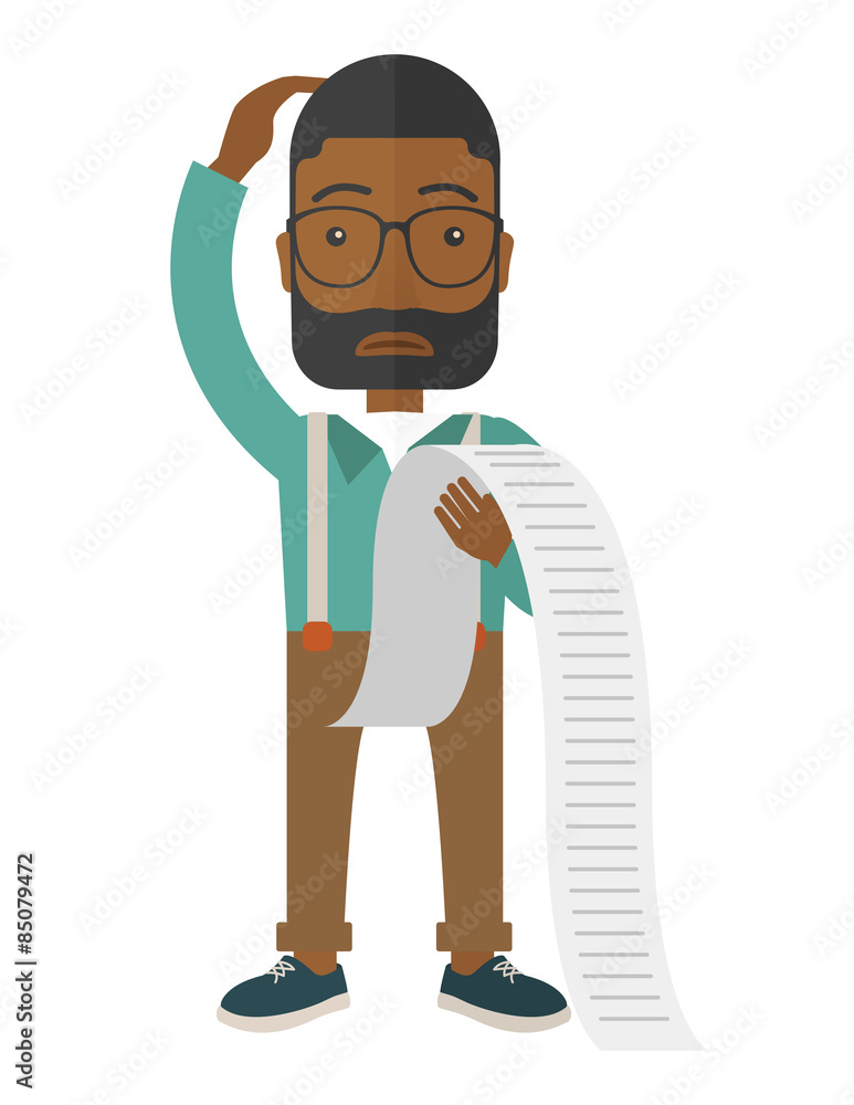 Sad african-american employee holding a list of payables.