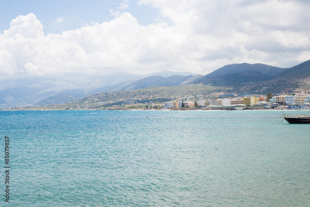 Seashore of Hersonissos, touristic place in Crete, Greece.