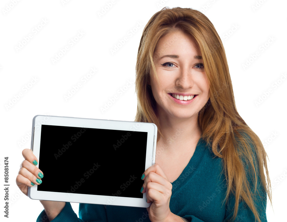 Young cheerful woman is showing blank tablet. Young cheerful woman is showing blank tablet.