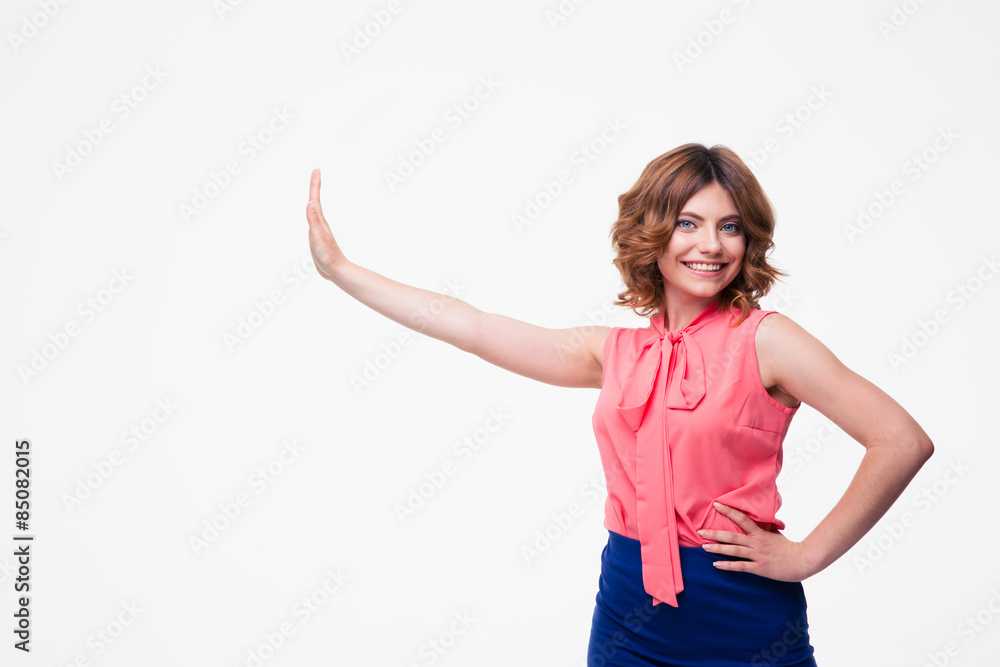 Happy woman making stop sign with palm Happy woman making stop sign with palm