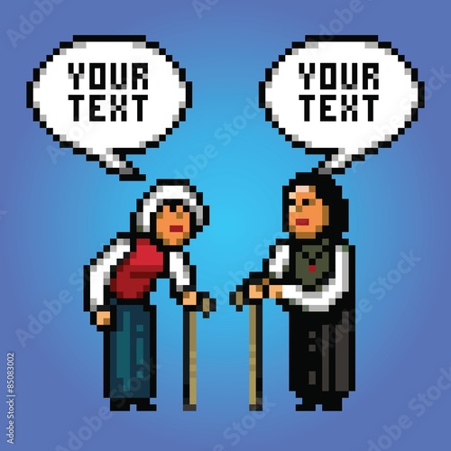 two mature women grandmother talking with speech bubbles pixel art style