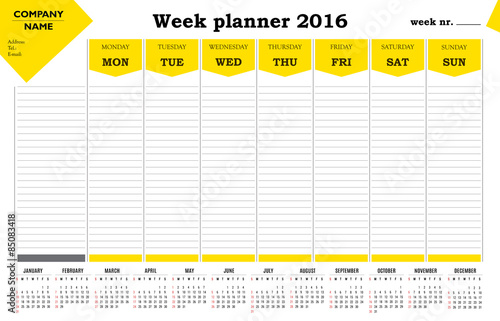 Week planner 2016 calendar - yellow design