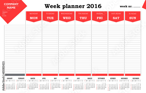 Week planner 2016 calendar - red design