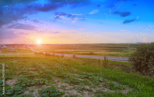 road through green fields at sunset