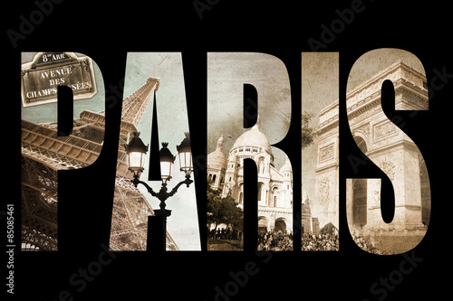 Photo collage letters PARIS, isolated on black background, vintage process #85085461