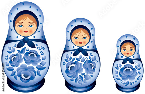 Matryoshka Babushka doll family dressed in blue Gzhel style, Russian wood painting handicraft, Russian nested doll, Russian Souvenir, present