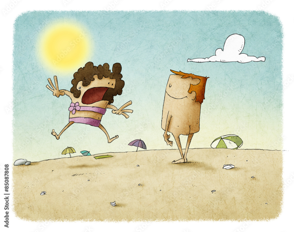 Surprised woman looking at naked man on the beach Stock Illustration |  Adobe Stock